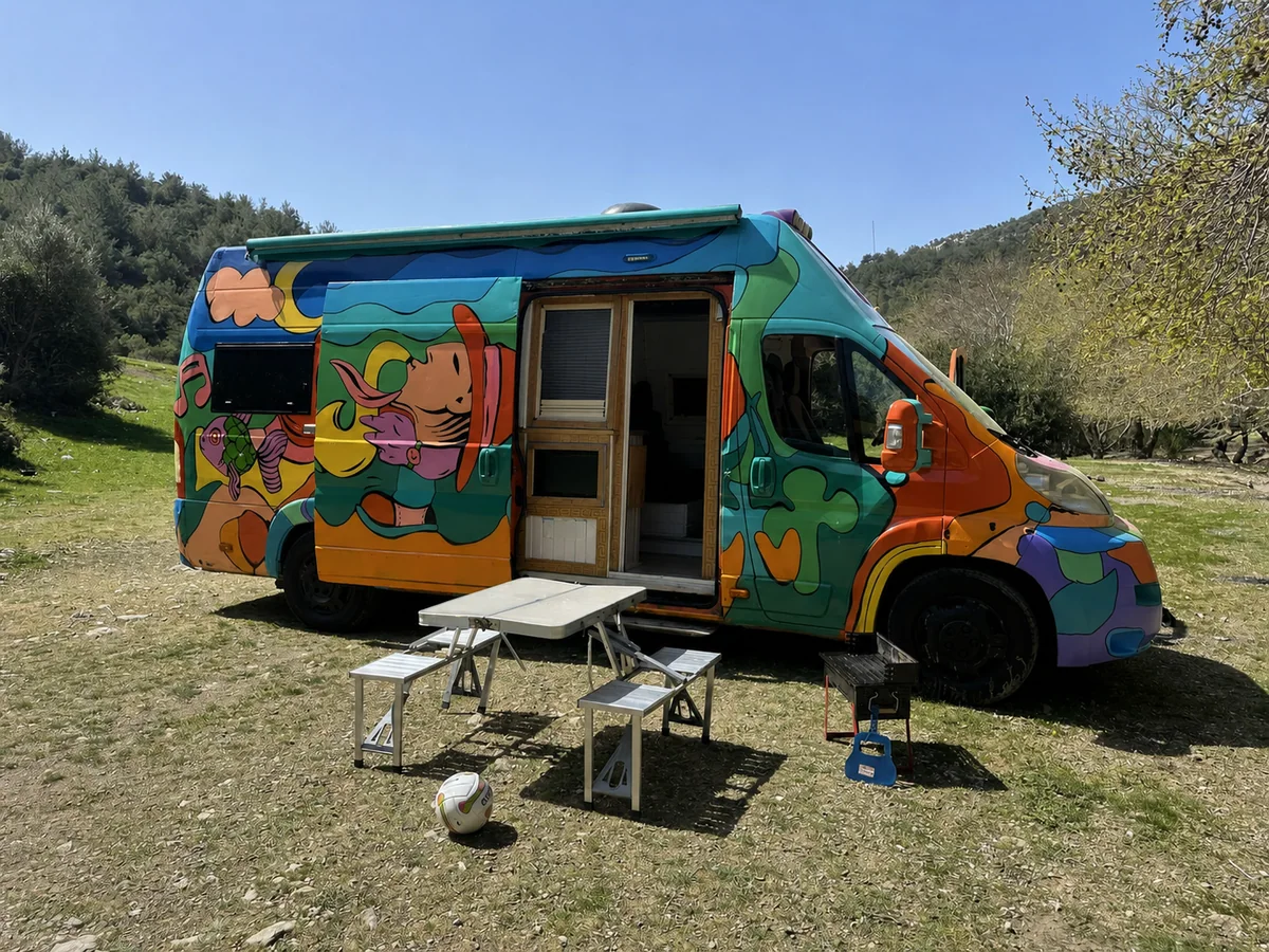 Renkli motokaravan - Kamp alanında yan dış görünüm - Batı Rent A Car İzmir