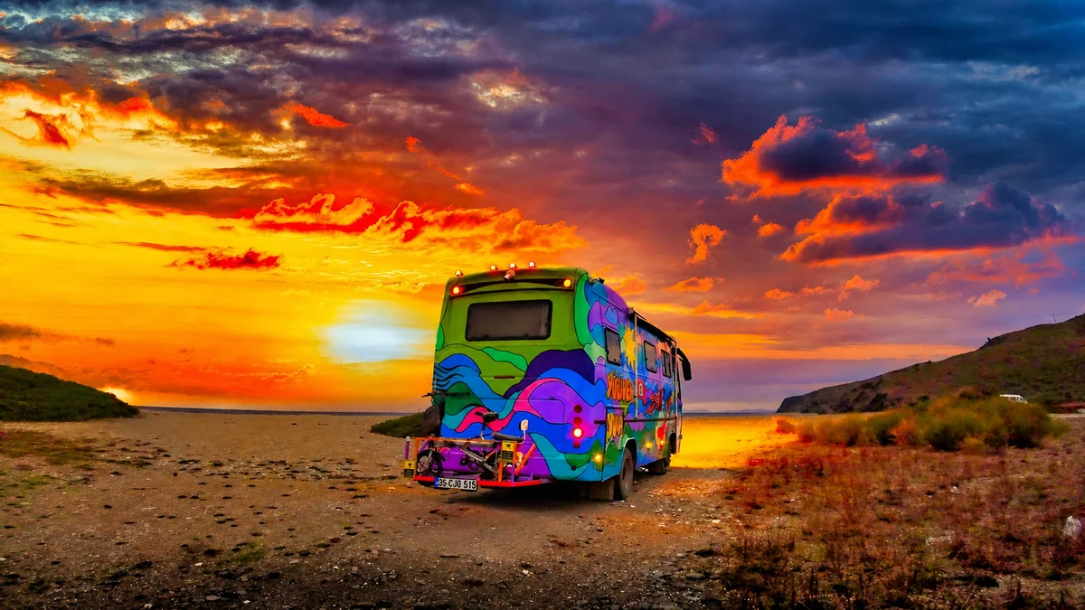 Yürüyen Yuva motokaravan - Gün batımında arka dış görünüm - Batı Rent A Car İzmir